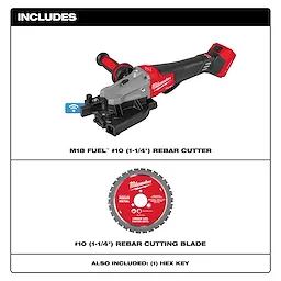 The image shows the M18 FUEL™ #10 (1-1/4") Rebar Cutter, including the main tool, rebar cutting blade, and an Allen key. The tool and blade are labeled with their respective names and descriptions.