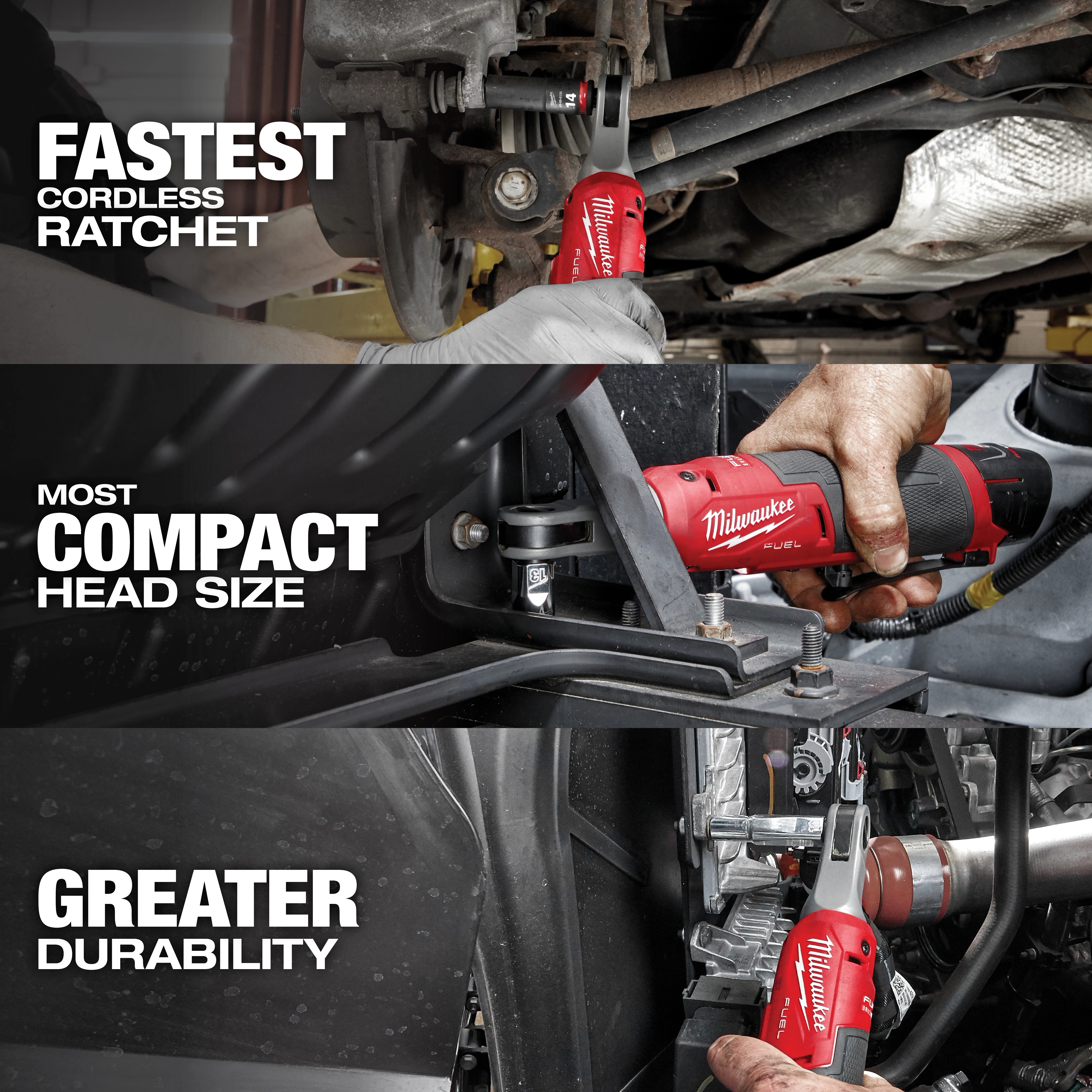 The image showcases the M18™ FUEL™ & M12™ FUEL™ 2-Tool Combo Kit being used in various automotive applications, highlighting its fastest cordless ratchet, most compact head size, and greater durability.