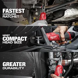 The image showcases the M18™ FUEL™ & M12™ FUEL™ 2-Tool Combo Kit being used in various automotive applications, highlighting its fastest cordless ratchet, most compact head size, and greater durability.