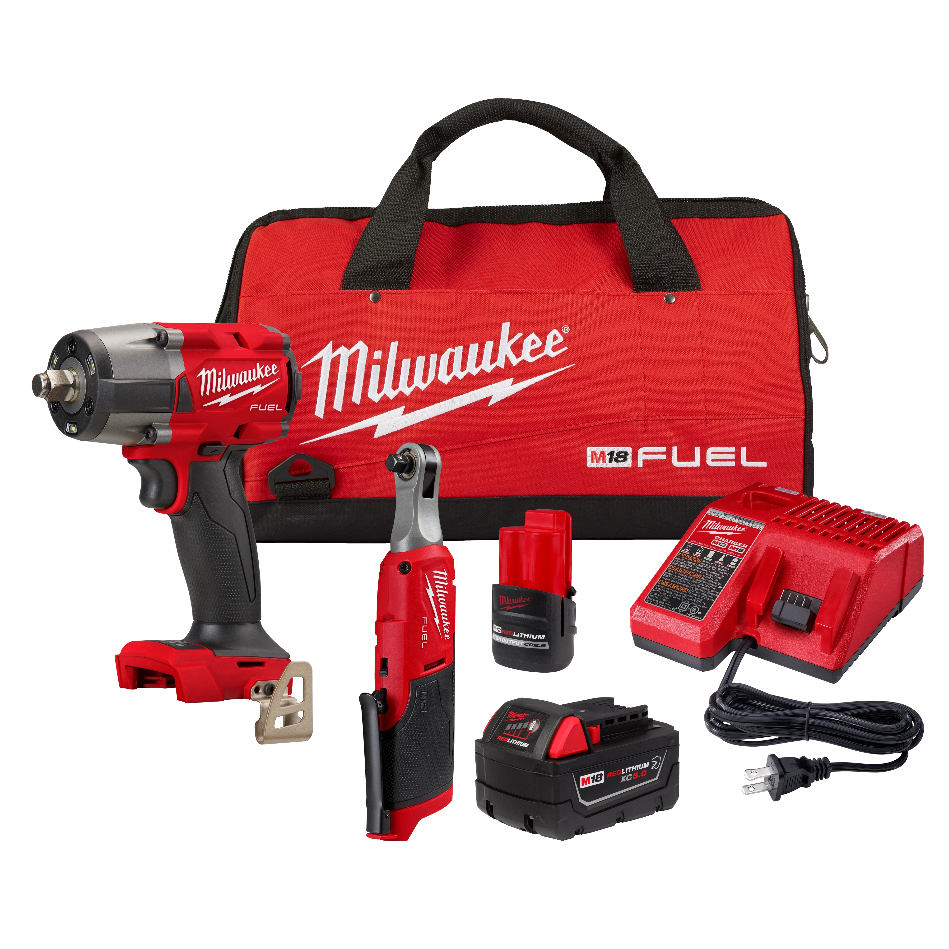 The image shows the M18 FUEL™ 1/2" Mid Torque Impact Wrench w/ M12 FUEL™ 3/8 High Speed Ratchet set. It includes a red and black impact wrench, a ratchet, a charger, a battery pack, a power cord, and a red and black Milwaukee carrying bag in the background.