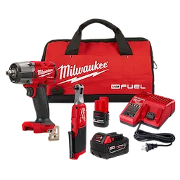 The image shows the M18 FUEL™ 1/2" Mid Torque Impact Wrench w/ M12 FUEL™ 3/8 High Speed Ratchet set. It includes a red and black impact wrench, a ratchet, a charger, a battery pack, a power cord, and a red and black Milwaukee carrying bag in the background.