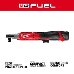 Milwaukee's M12 FUEL™ 1/2" Ratchet is displayed against a white background. The power tool features a black and red body with ergonomic grip, highlighting its compact design and comfort. Marketing text at the bottom promotes its combination of power, speed, and unmatched comfort.