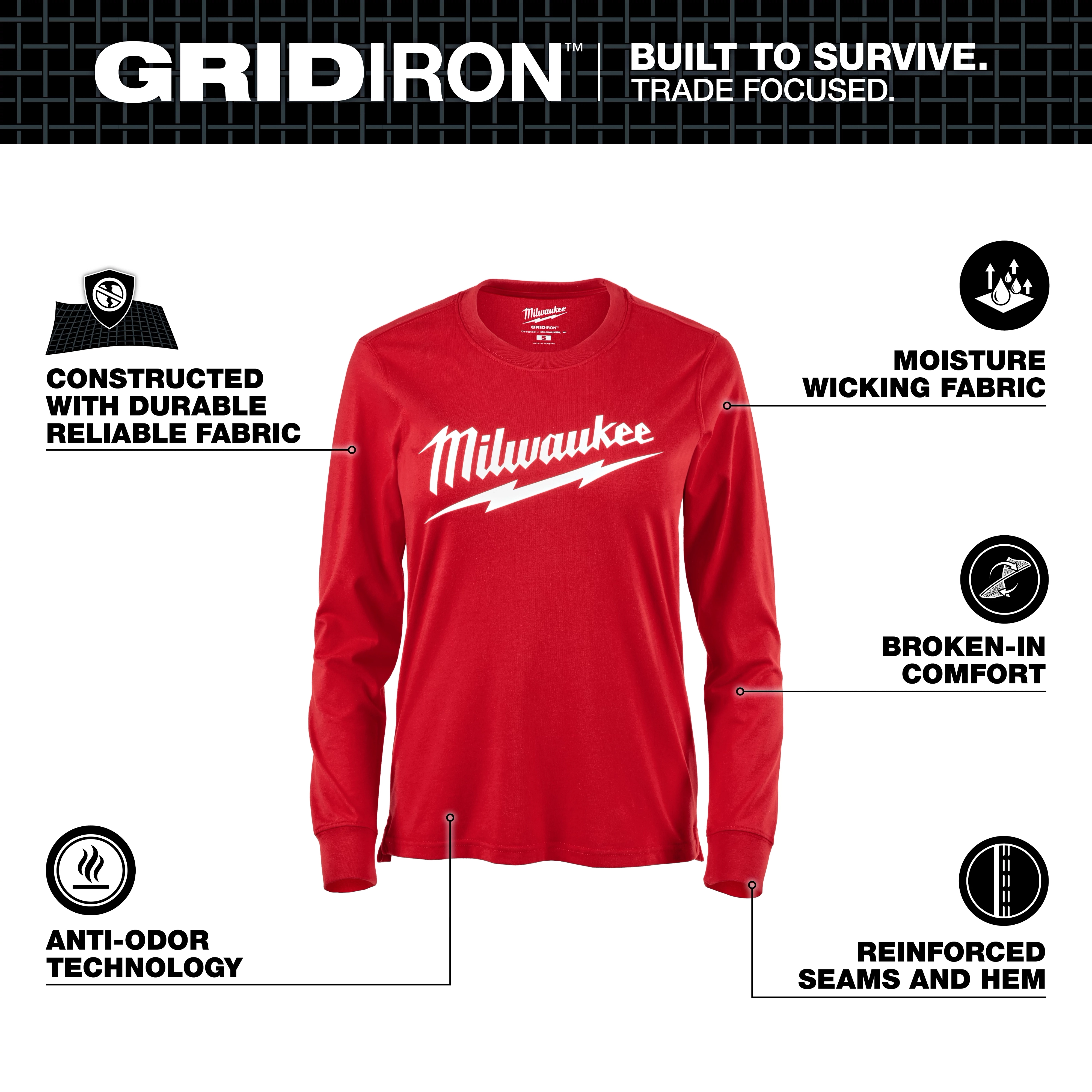 The Women's GRIDIRON™ Logo Tee - Long Sleeve Red features "Milwaukee" in white on the front. It highlights attributes such as moisture-wicking fabric, anti-odor technology, durable fabric, broken-in comfort, and reinforced seams and hems. The tee is designed for durability and comfort.