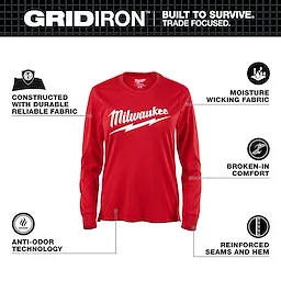The Women's GRIDIRON™ Logo Tee - Long Sleeve Red features "Milwaukee" in white on the front. It highlights attributes such as moisture-wicking fabric, anti-odor technology, durable fabric, broken-in comfort, and reinforced seams and hems. The tee is designed for durability and comfort.