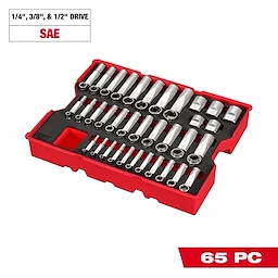 65 pc. 1/4”, 3/8”, & 1/2” Drive SAE Socket Set with Tray for PACKOUT Drawers arranged in a red tray.
