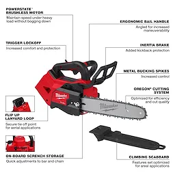 Image of the M18 FUEL™ 12" Top Handle Chainsaw with labeled features including Powerstate™ brushless motor, trigger lockoff, ergonomic bail handle, inertia brake, metal bucking spikes, Oregon® cutting system, flip up lanyard loop, on-board scrench storage, and climbing scabbard.
