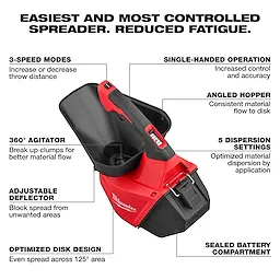 Red and black M12 Handheld Broadcast Spreader with labeled features on a white background.