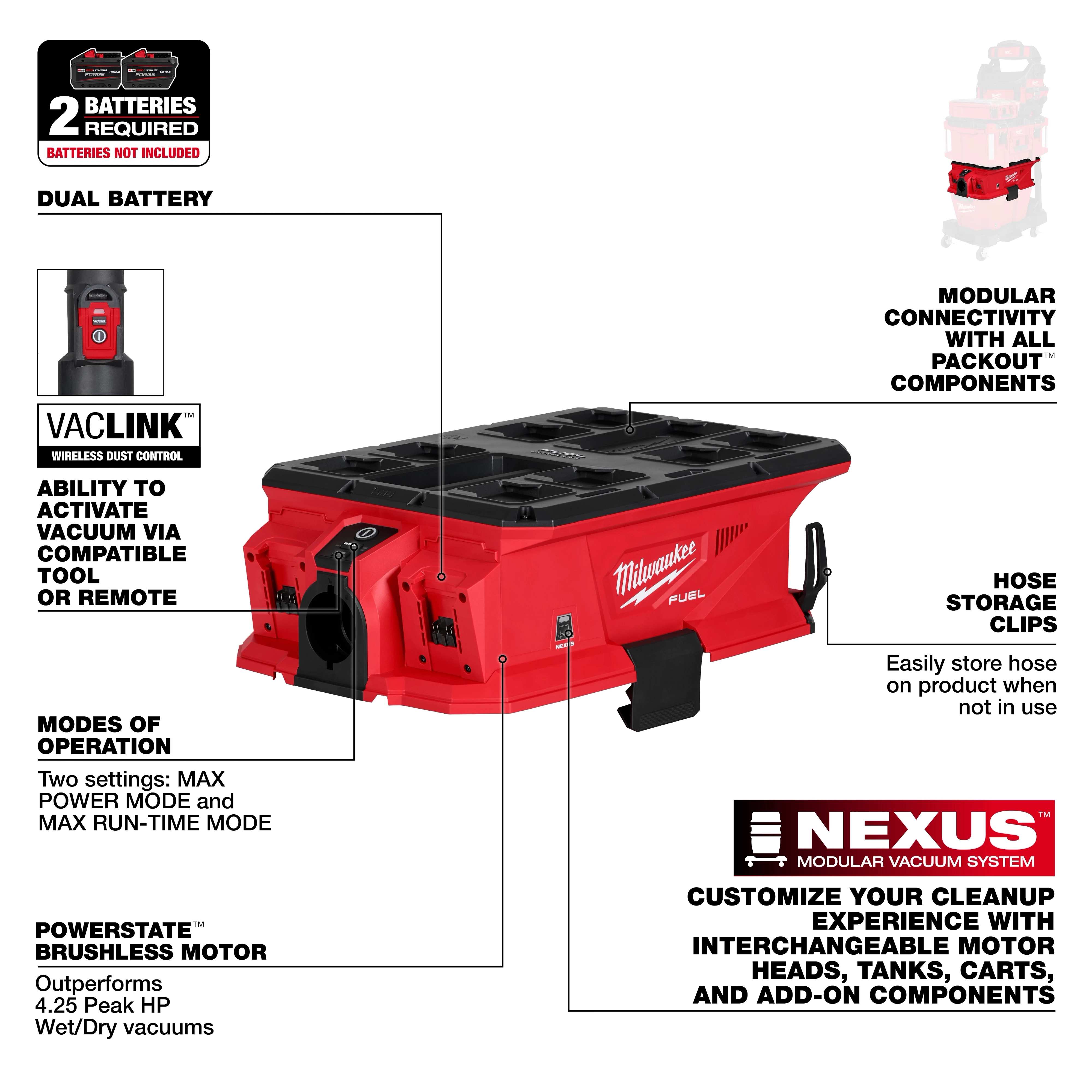 M18 FUEL™ NEXUS™ Dual Battery Wet/Dry Vacuum Motor Head with PACKOUT™ Compatibility & VACLINK™ features dual battery operation, VACLINK™ wireless control, two operation modes, Powerstate™ brushless motor, modular connectivity, hose storage clips, and interchangeable components. Batteries are not included.