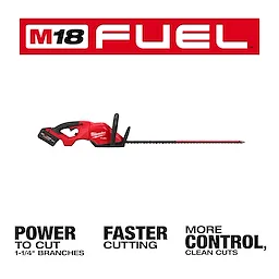 Image of the M18 FUEL™ 30" Hedge Trimmer. Features a red and black design with a long cutting blade. Text highlights "Power to cut 1-1/4" branches," "Faster cutting," and "More control, clean cuts" in bold letters.