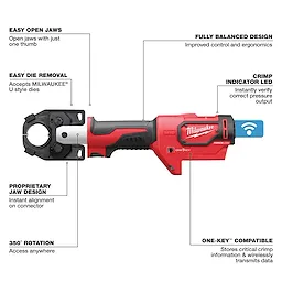 The M18™ FORCE LOGIC™ 600 MCM Crimper is a red and black hand tool with easy open jaws, easy die removal, proprietary jaw design, 350-degree rotation, fully balanced design, crimp indicator LED, and ONE-KEY™ compatibility. The crimper accepts MILWAUKEE® U-style dies.