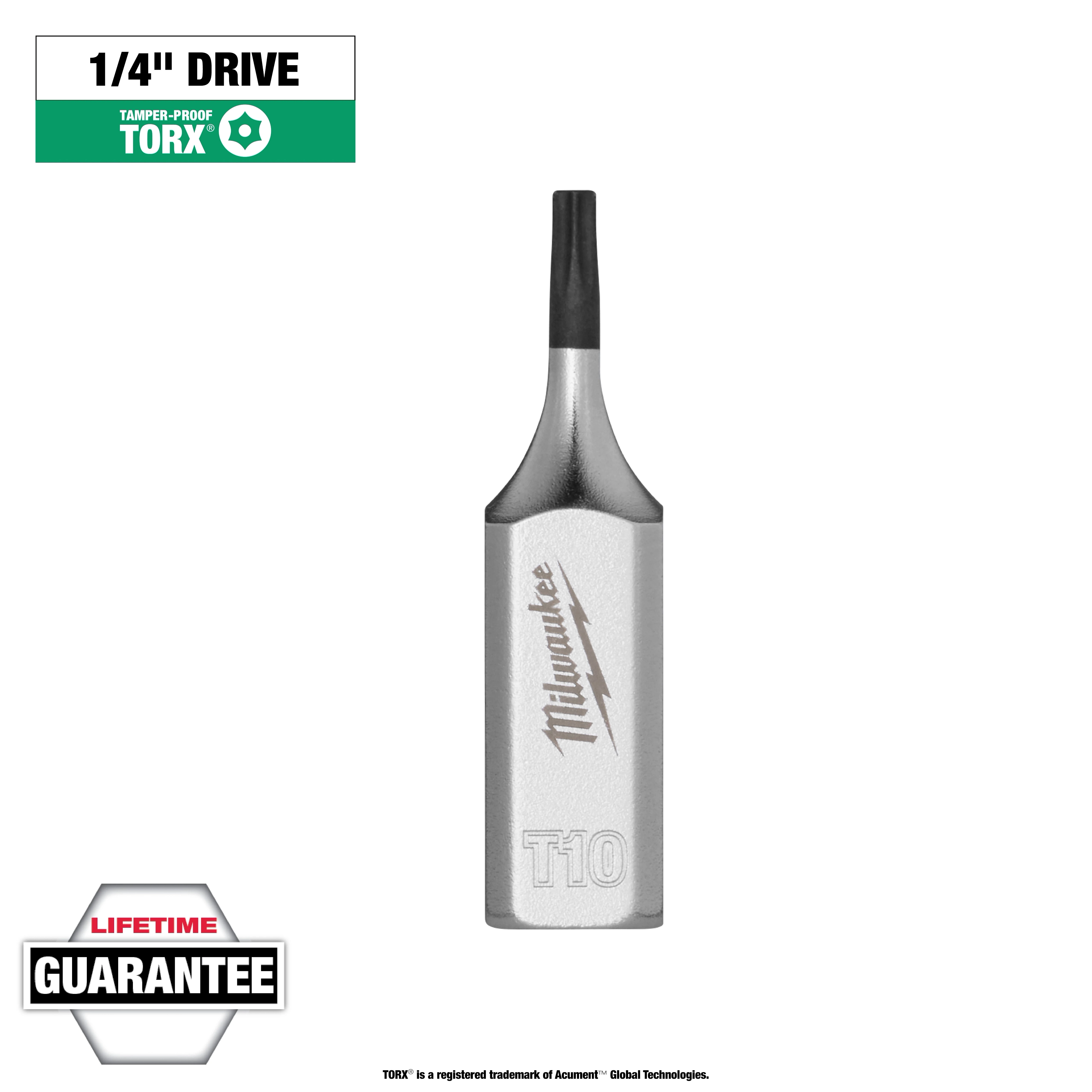 1/4" Drive T10 Tamper Proof TORX Bit Socket features a metal construction with a black tip and the brand name engraved on its side.