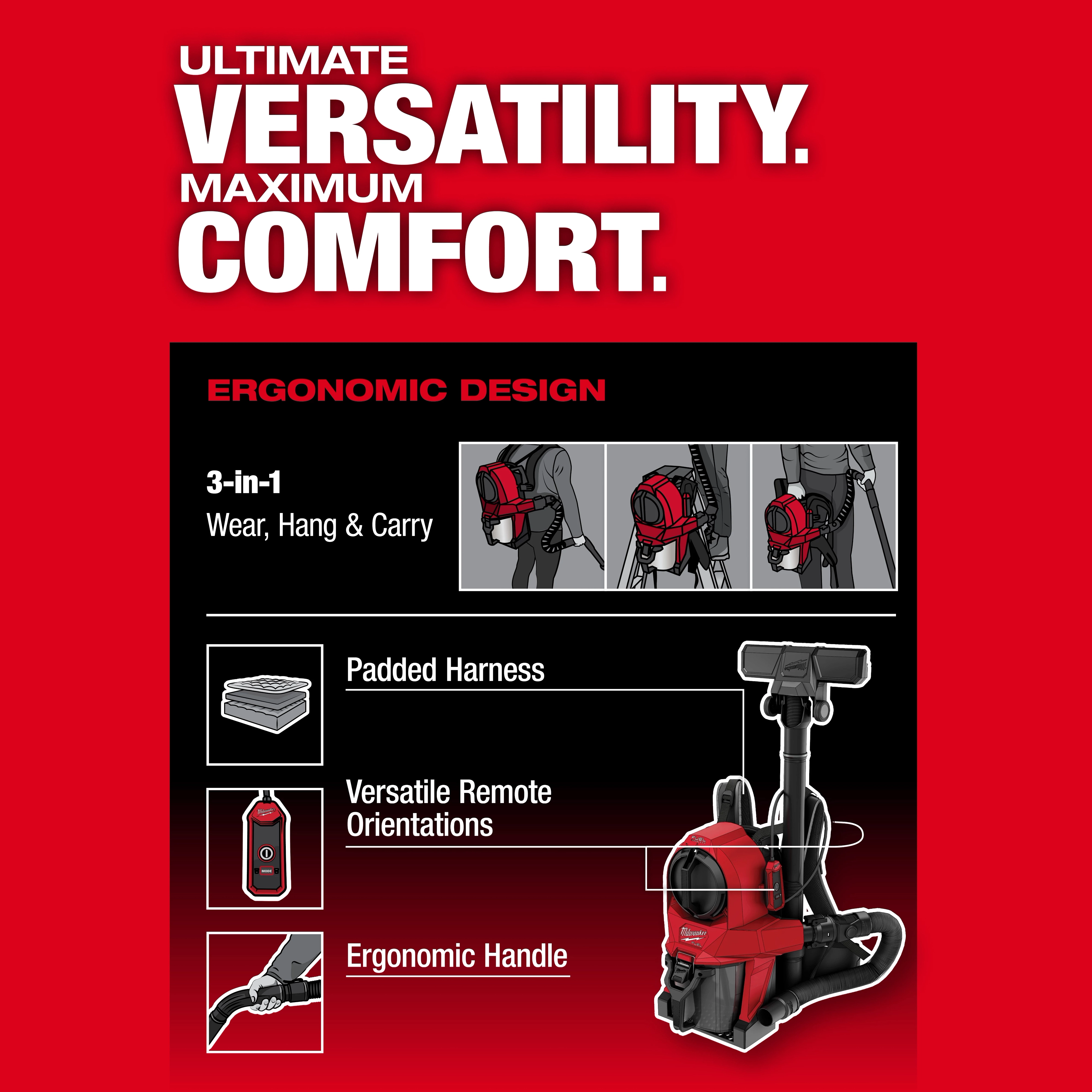 M18 FUEL™ 3-in-1 Backpack Vacuum features a 3-in-1 ergonomic design: wear, hang, and carry. Includes a padded harness, versatile remote orientations, and an ergonomic handle. Presented with a red and black color scheme, emphasizing ultimate versatility and maximum comfort.
