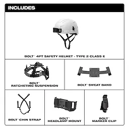 BOLT 4PT Safety Helmet - Type 2, Class E, includes ratcheting suspension, sweatband, chin strap, headlamp mount, and marker clip.