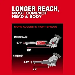 M12 FUEL 1/4" Extended Reach Ratchet illustrated above a shorter competing ratchet with length measurements.
