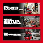 Image of the Milwaukee ROLL-ON 7200W/3600W 2.5KWH Power Supply in 3 different jobsite settings with the text "Best power, for the toughest jobs. Instant setup, eliminate hassles. Power anywhere."