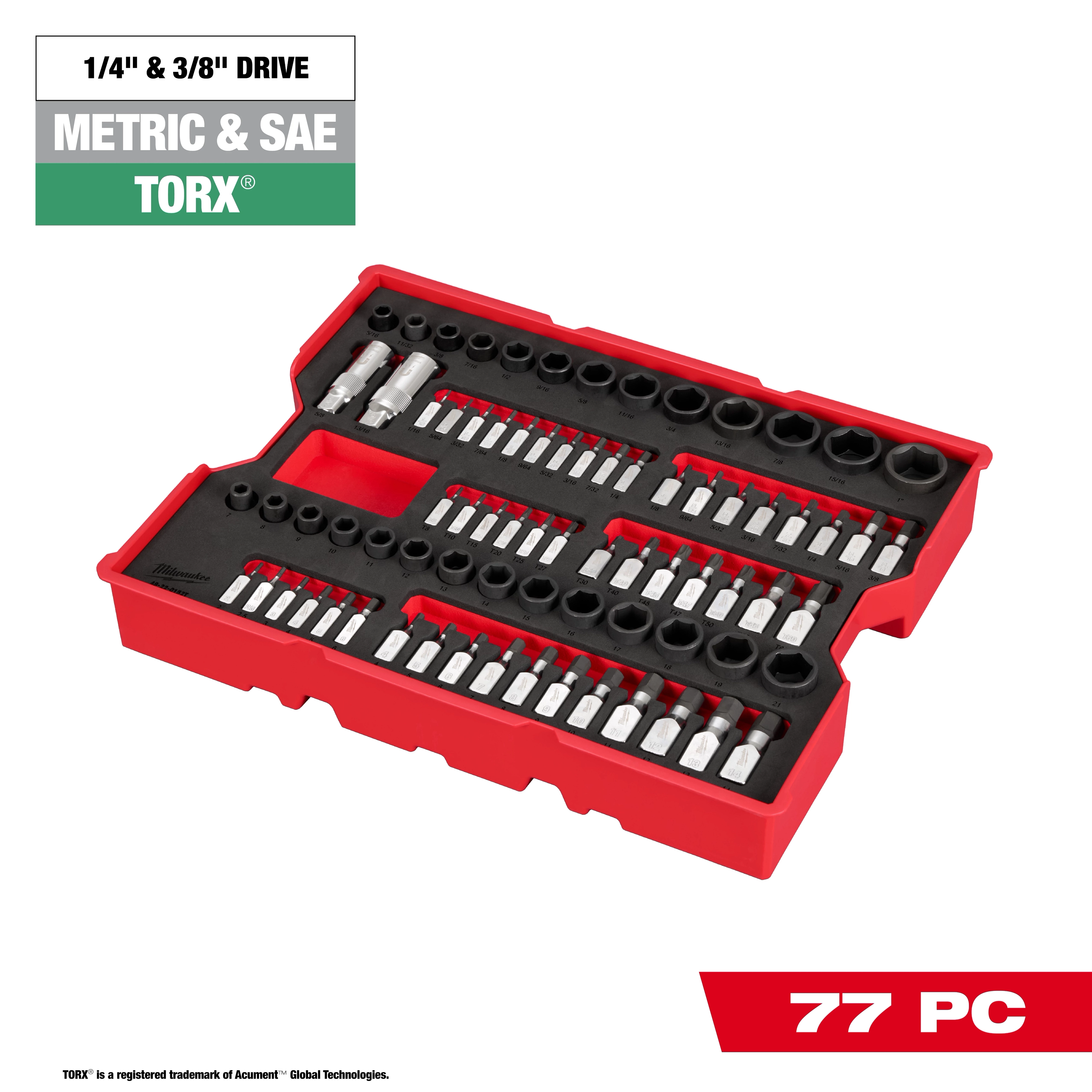 77 pc. 1/4” & 3/8” Drive Metric, SAE, & Torx Socket Set with Tray for PACKOUT Drawers arranged in a red tray.