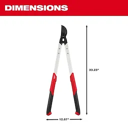 The image shows a 2" Lopper with a red and black handle. It measures 33.23 inches in height and 12.87 inches in width. The top section of the image features the word "DIMENSIONS" in white text on a red background.