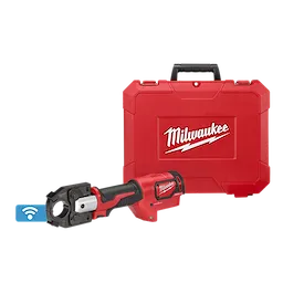 The M18™ FORCE LOGIC™ 600 MCM Crimper Kit includes a cordless crimper with a red and black handle, and a red carrying case with a handle. The case and tool both display the Milwaukee logo prominently. A small wireless connectivity icon is visible near the crimper.