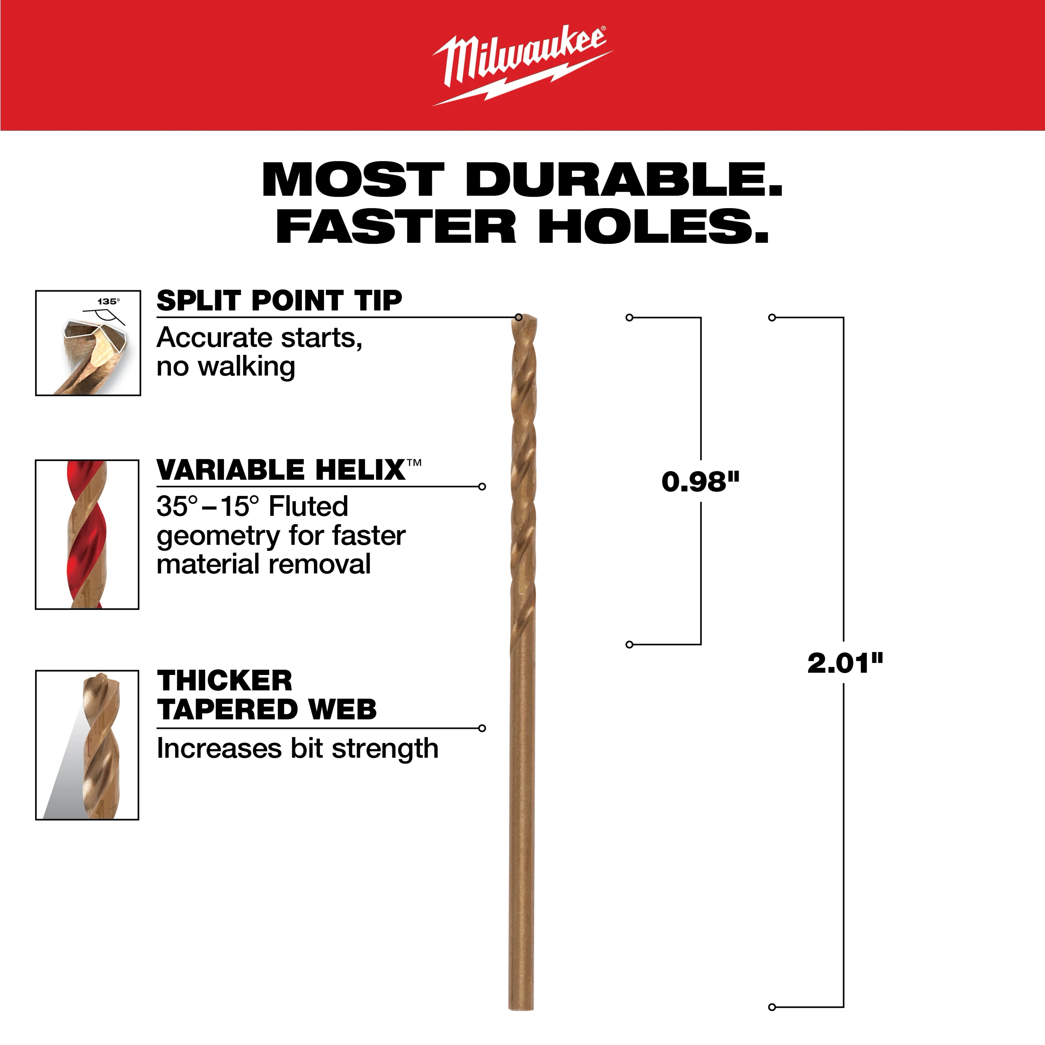 The 5/64 in. Cobalt Red Helix Drill Bit features a split point tip for accurate starts, a variable helix for faster material removal, and a thicker tapered web to enhance bit strength. The bit length is 2.01 inches, with a flute length of 0.98 inches for durability and efficiency.