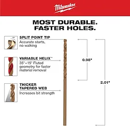 The 5/64 in. Cobalt Red Helix Drill Bit features a split point tip for accurate starts, a variable helix for faster material removal, and a thicker tapered web to enhance bit strength. The bit length is 2.01 inches, with a flute length of 0.98 inches for durability and efficiency.