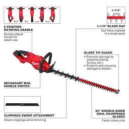 Image of the M18 FUEL™ 30" Hedge Trimmer. Key features: 5-position rotating handle, 1-1/4" blade gap, secondary bail handle switch, blade tip guard, clippings sweep attachment, and 30" double-sided dual sharpened blades. The descriptions highlight quick adjustments, precise cuts, and blade protection.