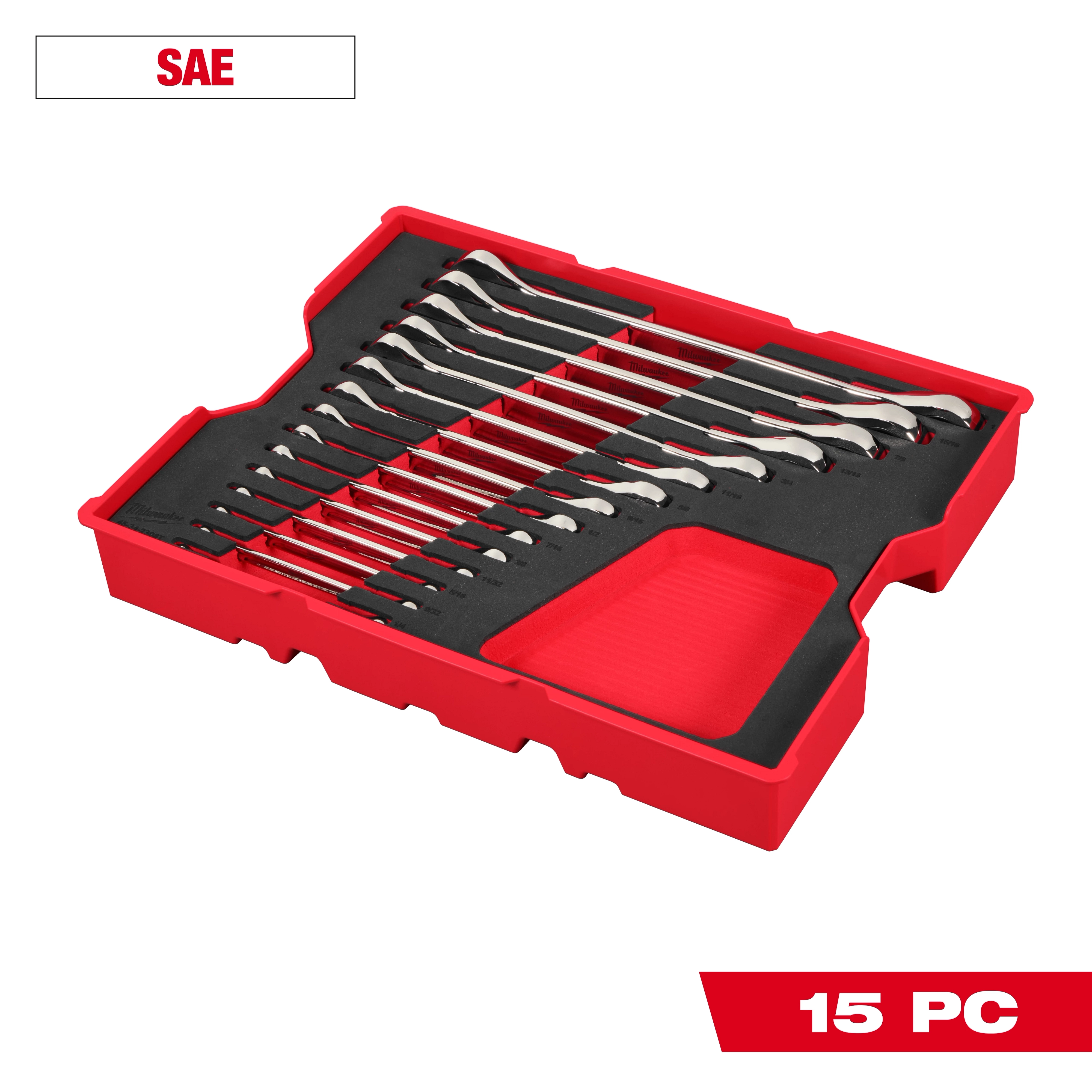 The 15pc. SAE Ratcheting Combination Wrench Set with Tray for PACKOUT™ Drawers includes 15 wrenches in a red and black tray, designed to fit PACKOUT™ drawers.