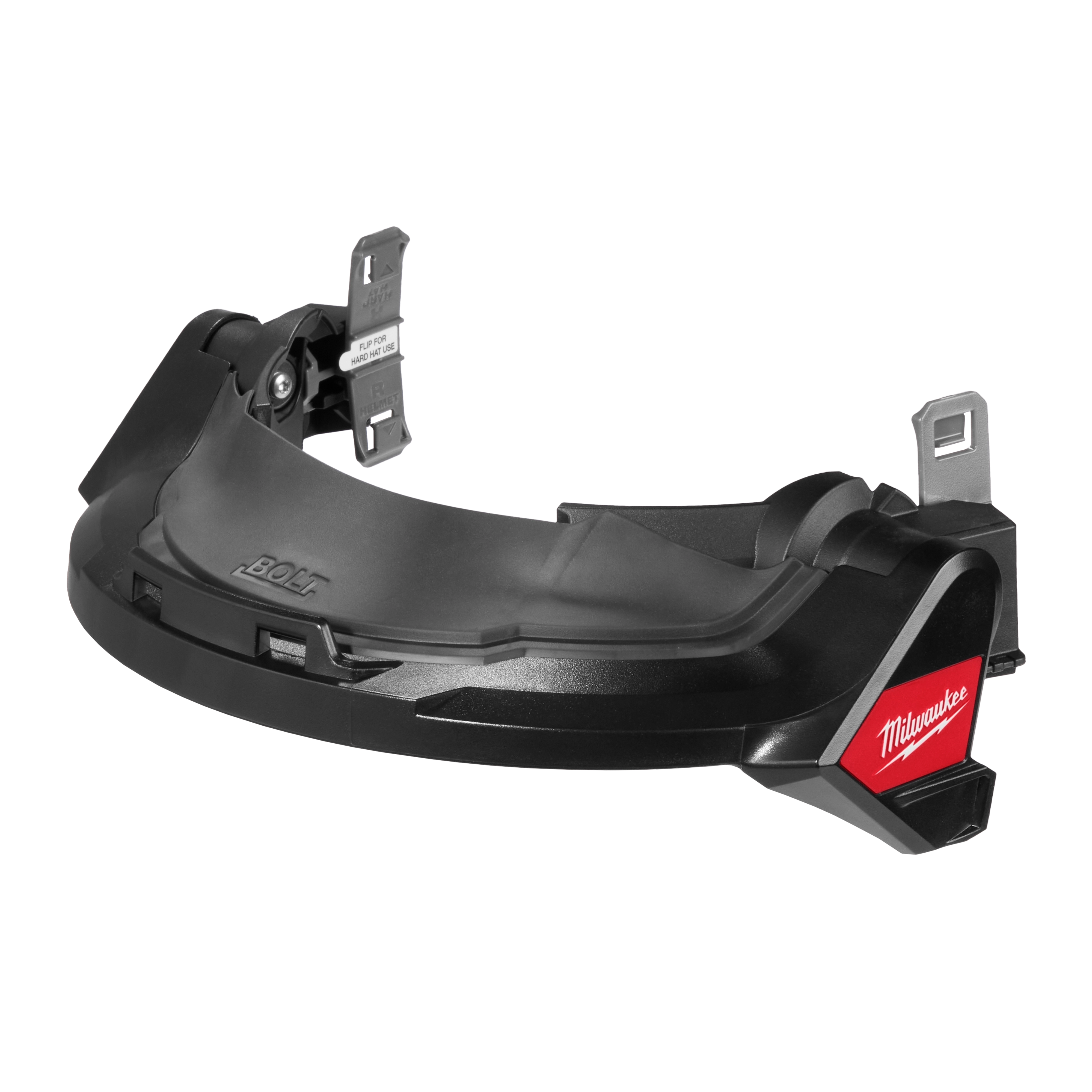 The image shows a BOLT™ Gasketed Full Face Shield with a clear dual coat lens. It is compatible with Milwaukee® BOLT™ safety helmets and BOLT™ hard hats. The face shield is black with a red Milwaukee® logo on the side.