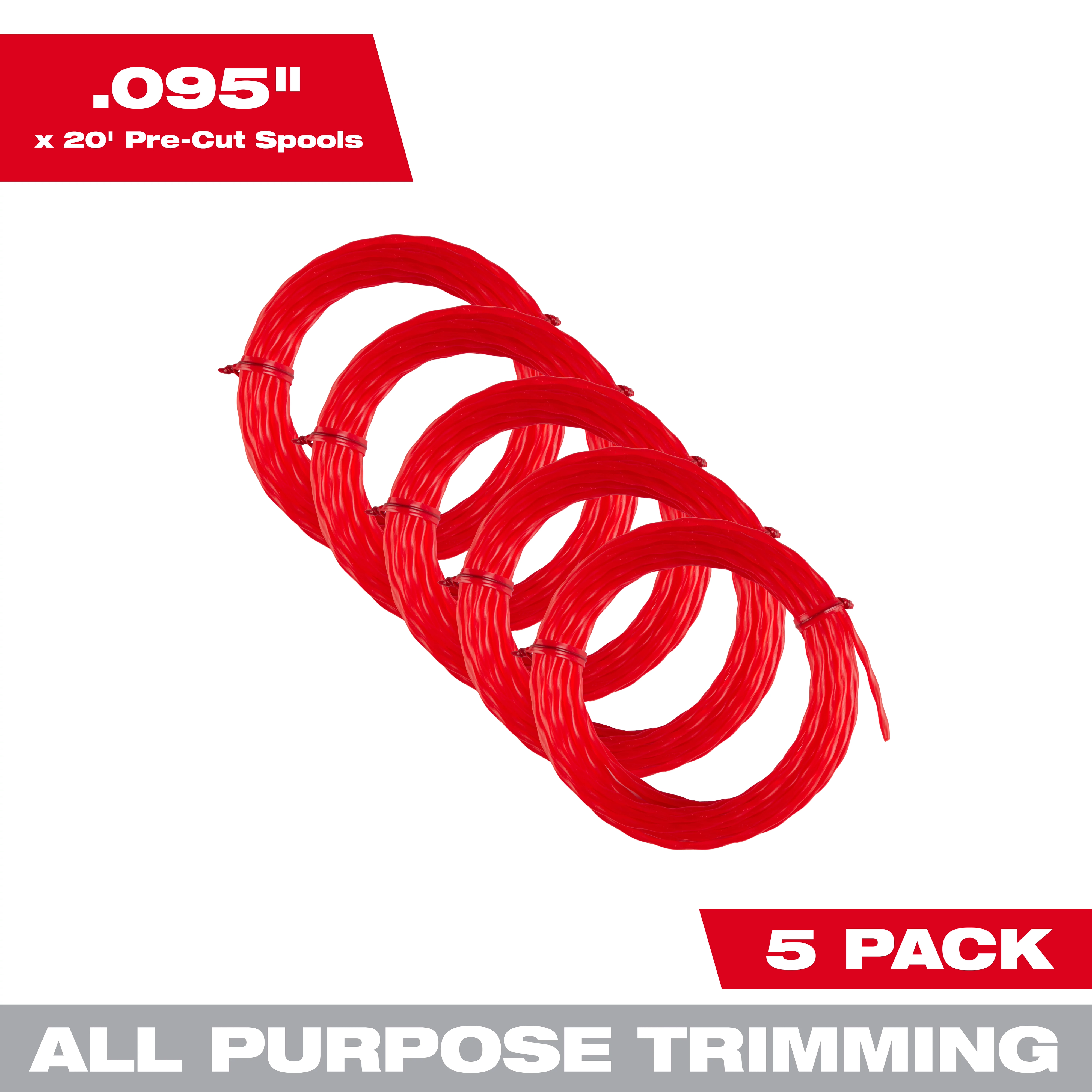 Five coils of red trimming line labeled ".095 in x 20' Pre-Cut Spools," marked as "5 Pack" for "All Purpose