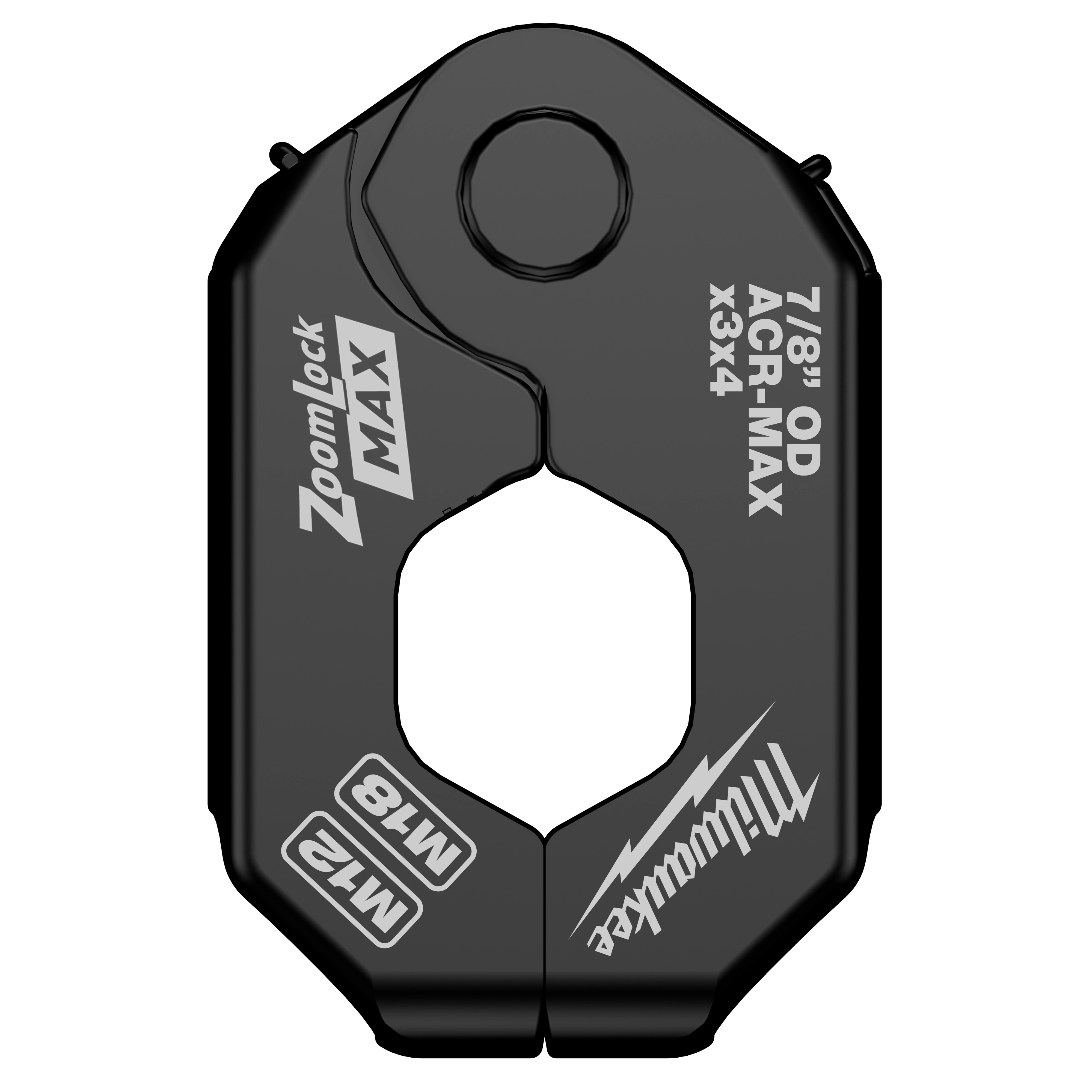 The 7/8" ZoomLock MAX® & MaxiPro® Pivoting Press Ring is a black tool attachment designed for joining pipes. It features the brand name and technical specifications in white text.