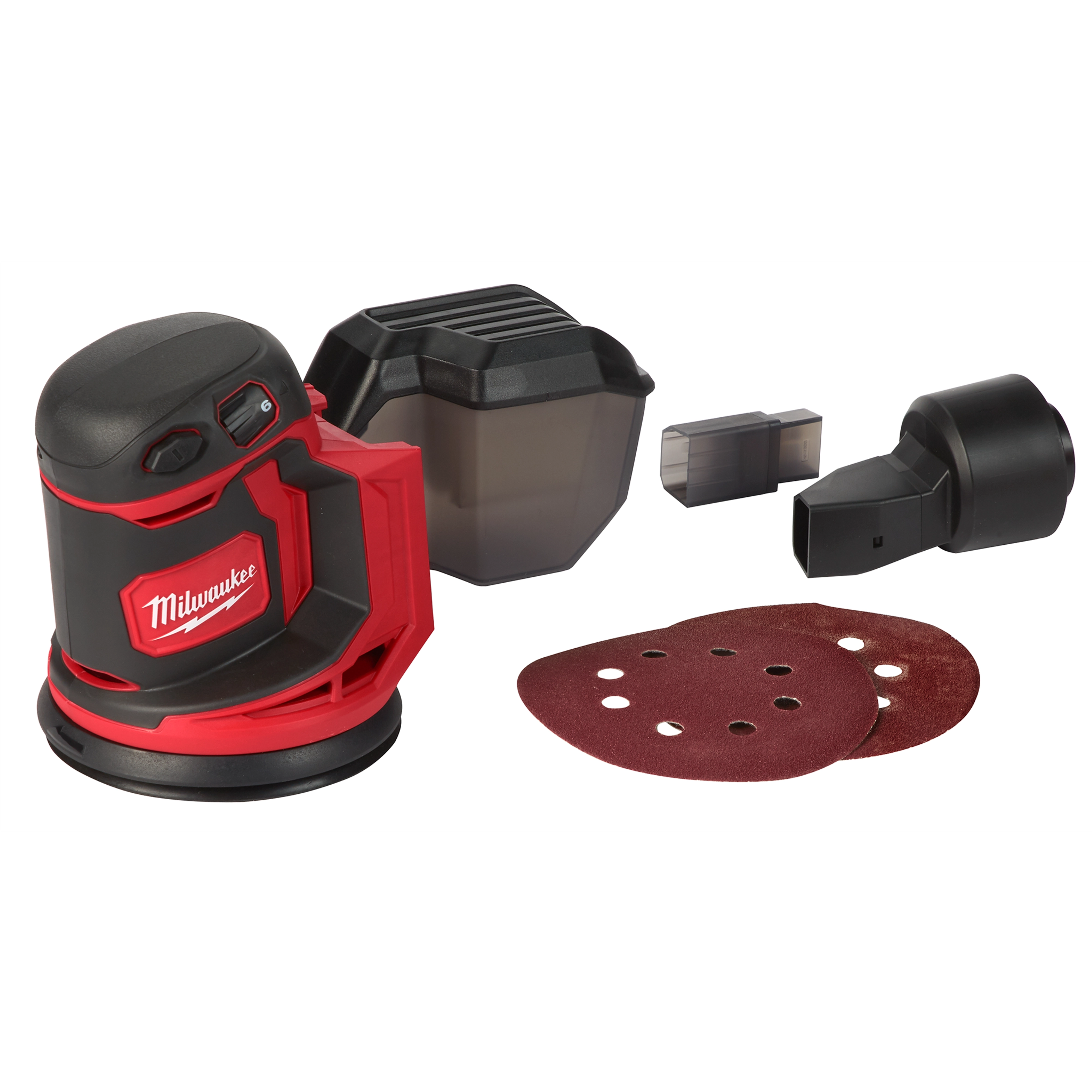 Milwaukee M18 Random Orbit Sander with attachments, including dust canister, adapter, and sanding discs, displayed on a white background.