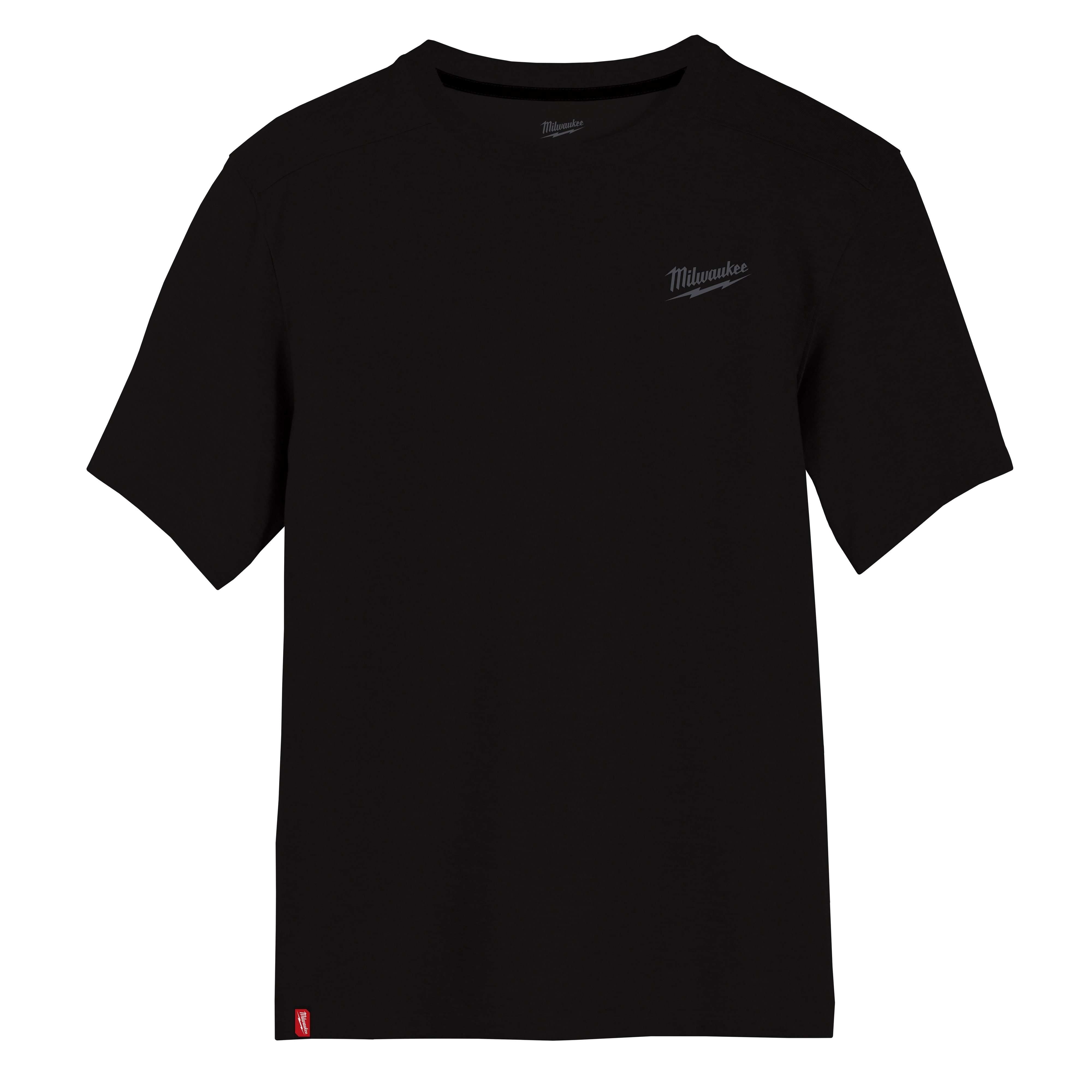 Black Hybrid Work Tee with short sleeves and a discreet logo on the left chest. Small red tag at the bottom left hem.