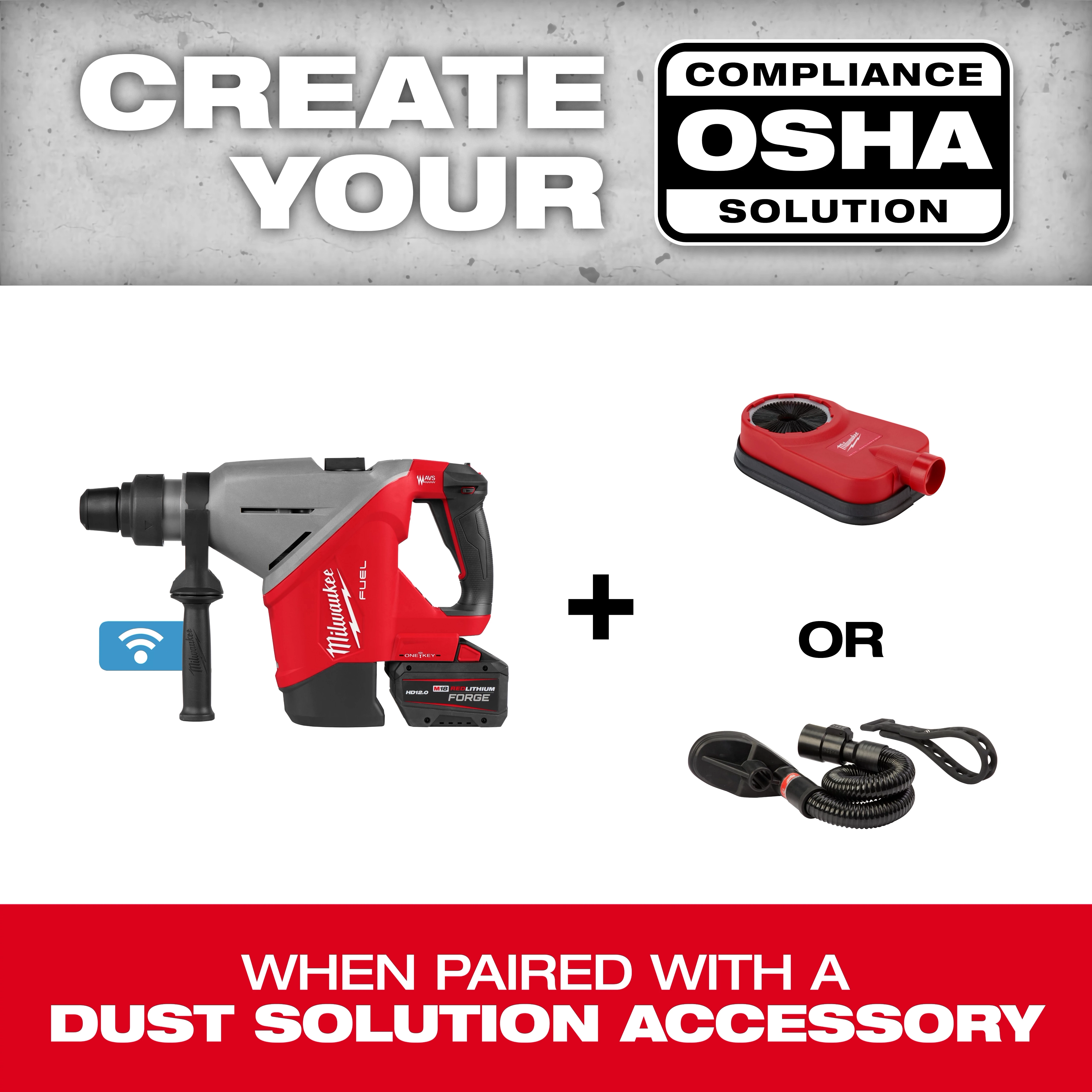 M18 FUEL 1-3/4" SDS MAX Rotary Hammer with ONE-KEY shown alongside dust solution accessories for OSHA compliance.