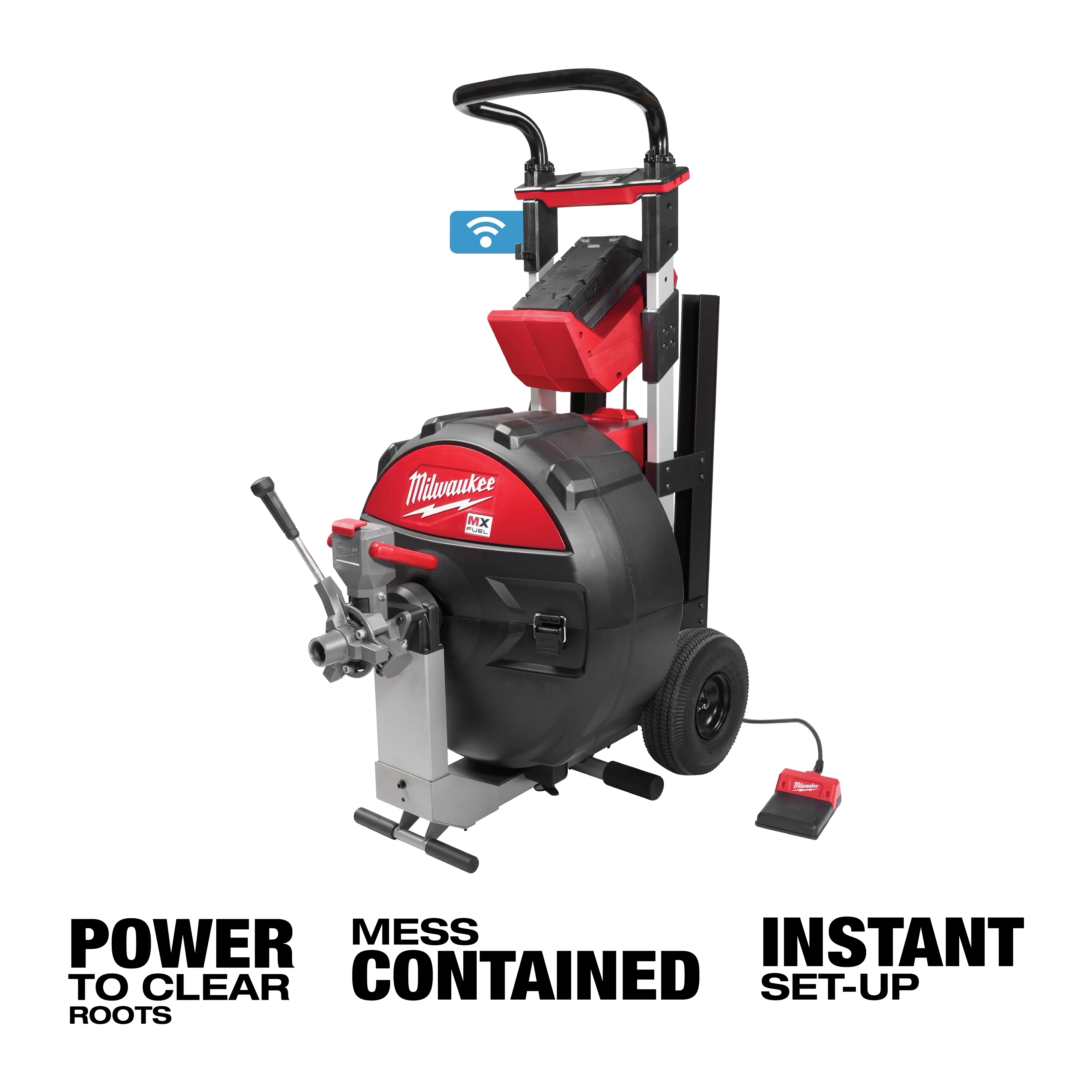 The MX FUEL Sewer Drum Machine USP is pictured with a sturdy black and red design, featuring a handle and wheels for portability.