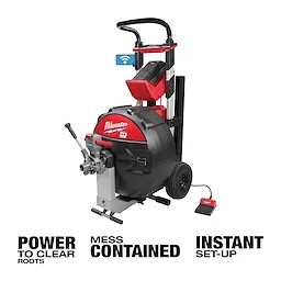 The MX FUEL Sewer Drum Machine USP is pictured with a sturdy black and red design, featuring a handle and wheels for portability.