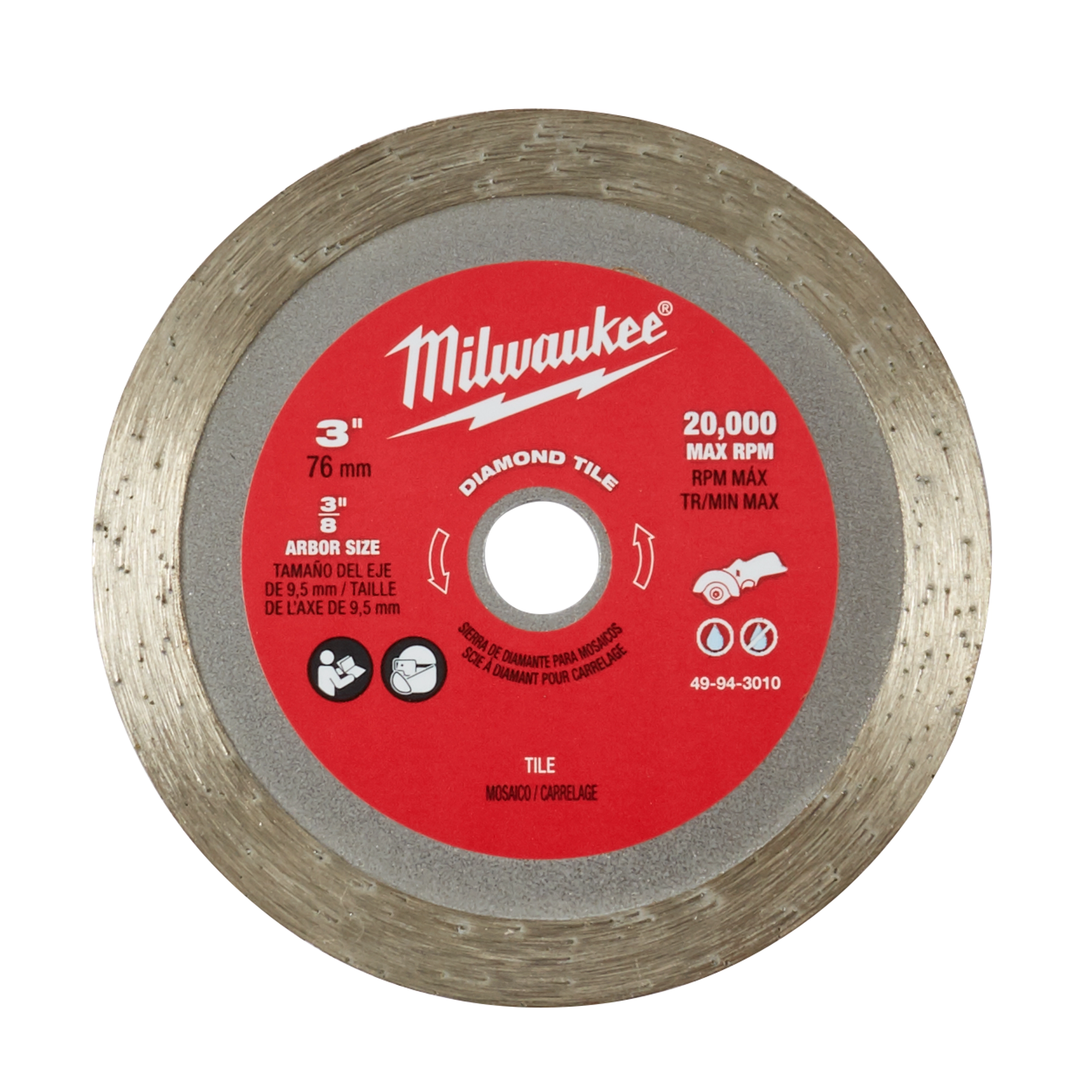 The 3" Diamond Tile Cut-Off Blade features a 76 mm diameter, 3/8" arbor size, and supports up to 20,000 max RPM. It is designed for cutting tile and has a red center with silver edges.