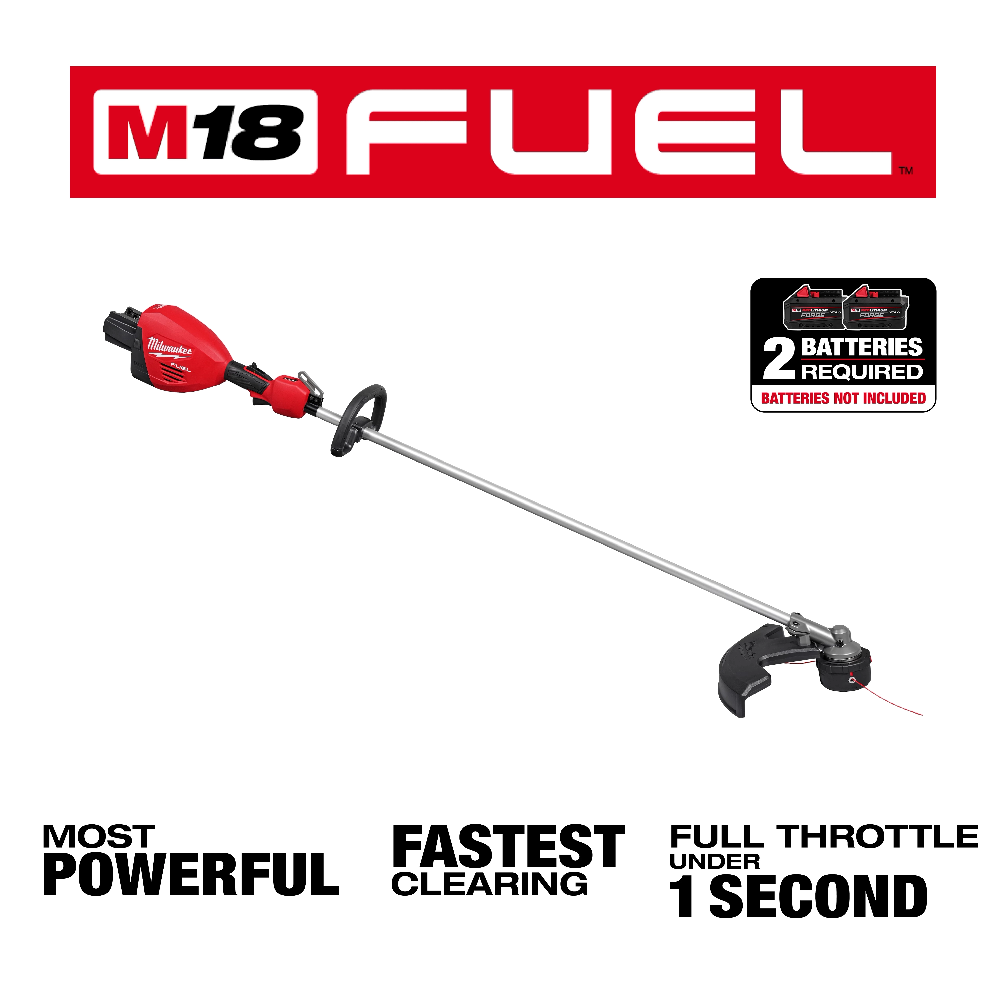 Image of the M18 FUEL™ 17” Dual Battery String Trimmer. It features a long shaft with a cutting head at the end. Marketing text includes "Most Powerful," "Fastest Clearing," and "Full Throttle Under 1 Second." A message indicates two batteries are required but not included.