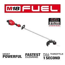 Image of the M18 FUEL™ 17” Dual Battery String Trimmer. It features a long shaft with a cutting head at the end. Marketing text includes "Most Powerful," "Fastest Clearing," and "Full Throttle Under 1 Second." A message indicates two batteries are required but not included.
