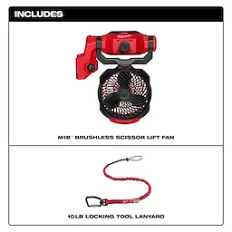 M18 Brushless Scissor Lift Fan with blade grill and red housing, includes a 10lb locking tool lanyard in red and black.