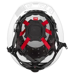 The image shows the inside view of a Milwaukee safety helmet with black padding and red straps. The padding features ventilation holes, and the straps are adjustable for a secure fit.