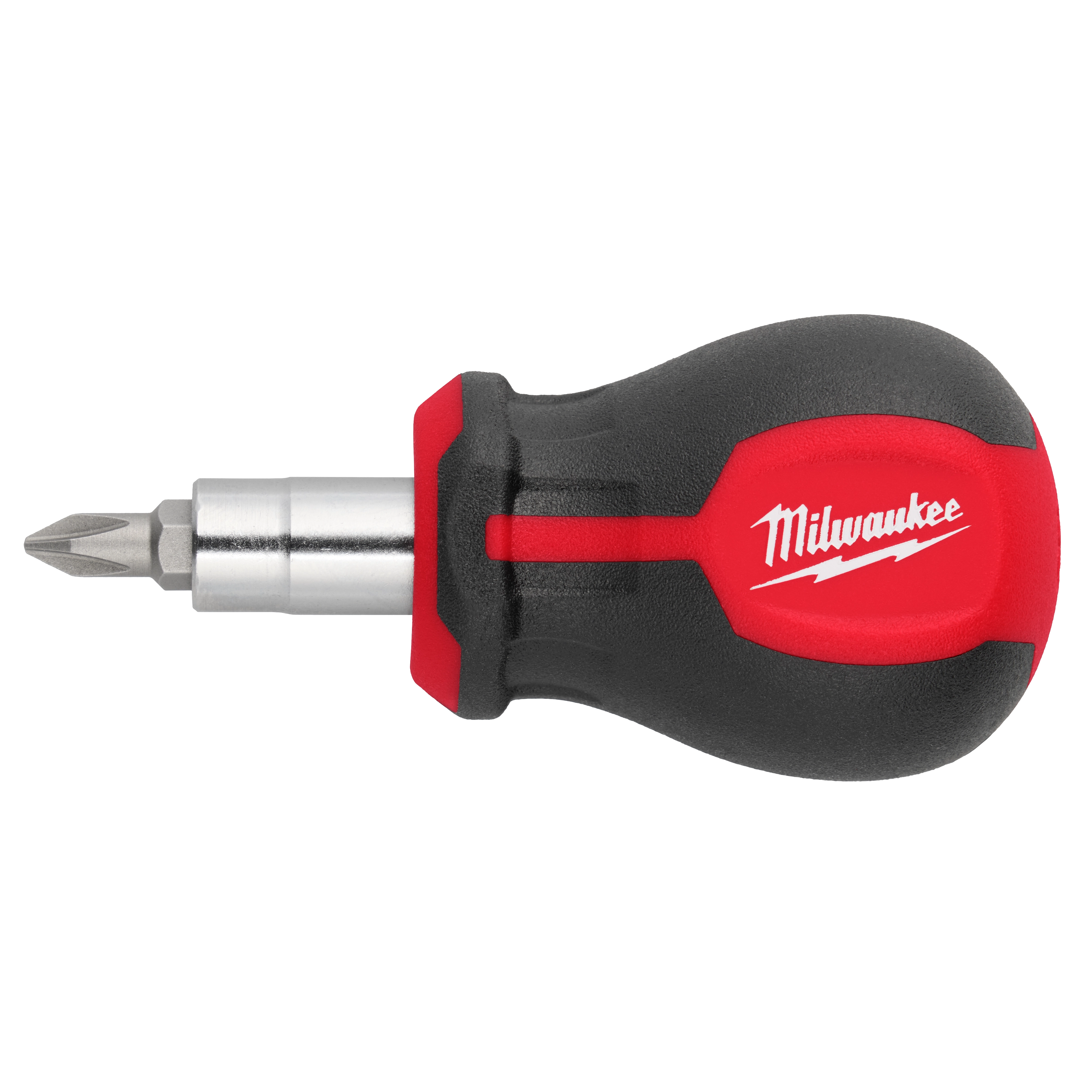 This image shows a Milwaukee 6-IN-1 Stubby Multi-Bit Screwdriver. The compact tool has a black and red handle with the Milwaukee logo and includes an interchangeable multi-bit design for various screw heads.