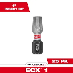 The image shows a single SHOCKWAVE™ 1" Impact Duty ECX™ 1 Insert Bit. The text "25 PK" indicates it is sold in packs of 25. The bit features a durable design with "ECX 1" printed in white on the black section, and a red band with "Milwaukee" branding.