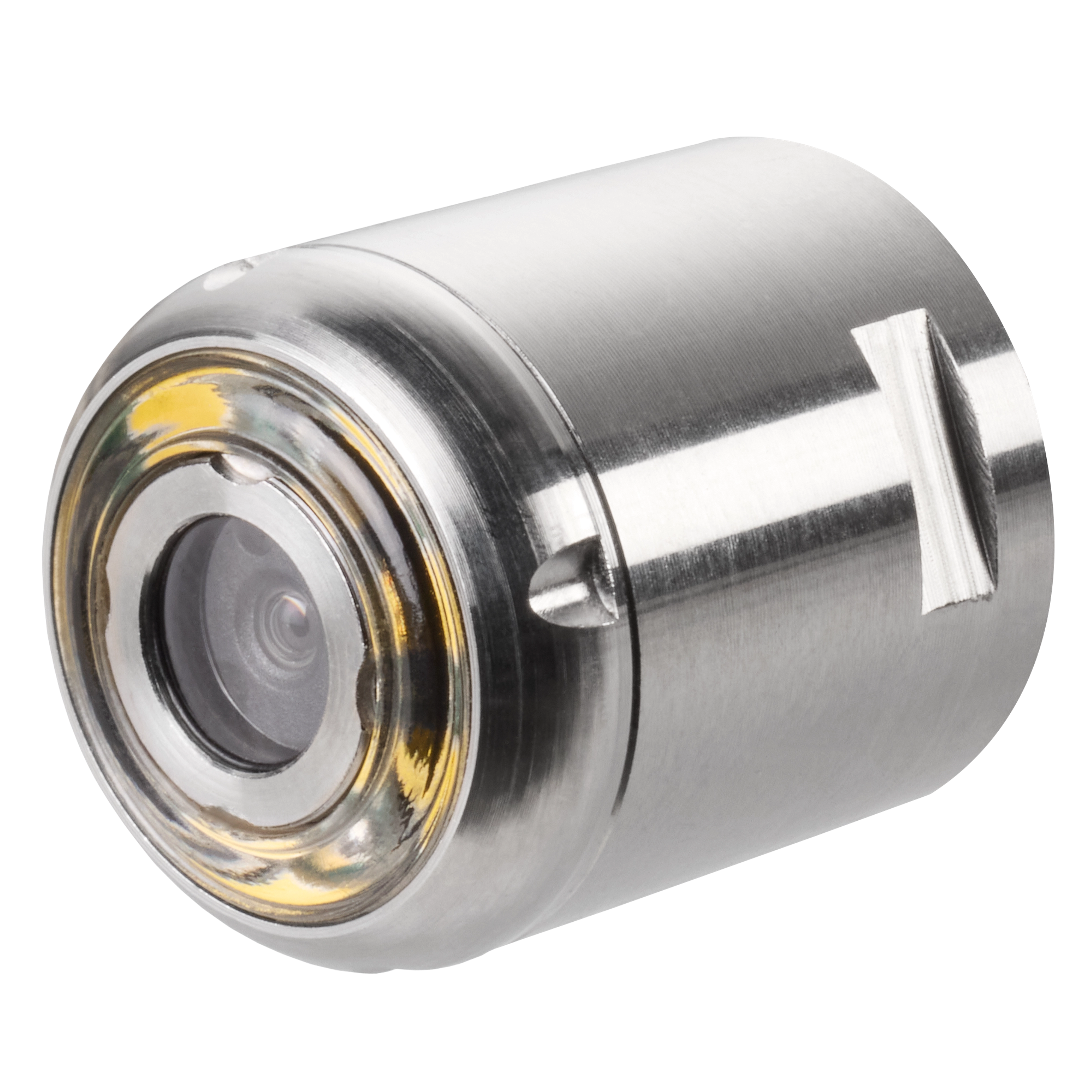 This image shows a 16mm Replacement Camera Head Kit for M12™ 65’ High Flex Compact Inspection Camera. The camera head is metallic with a cylindrical shape and a lens at one end. It appears to be designed for industrial inspection purposes.