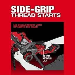 Image of the M18 FUEL™ Compact Pipe Threader w/ ONE-KEY™ with 1/2" - 1-1/4" Compact NPT Forged Aluminum Die Heads. The image demonstrates the side-grip thread start feature and the die head retention lock. Text highlights "No engagement with spinning die head."