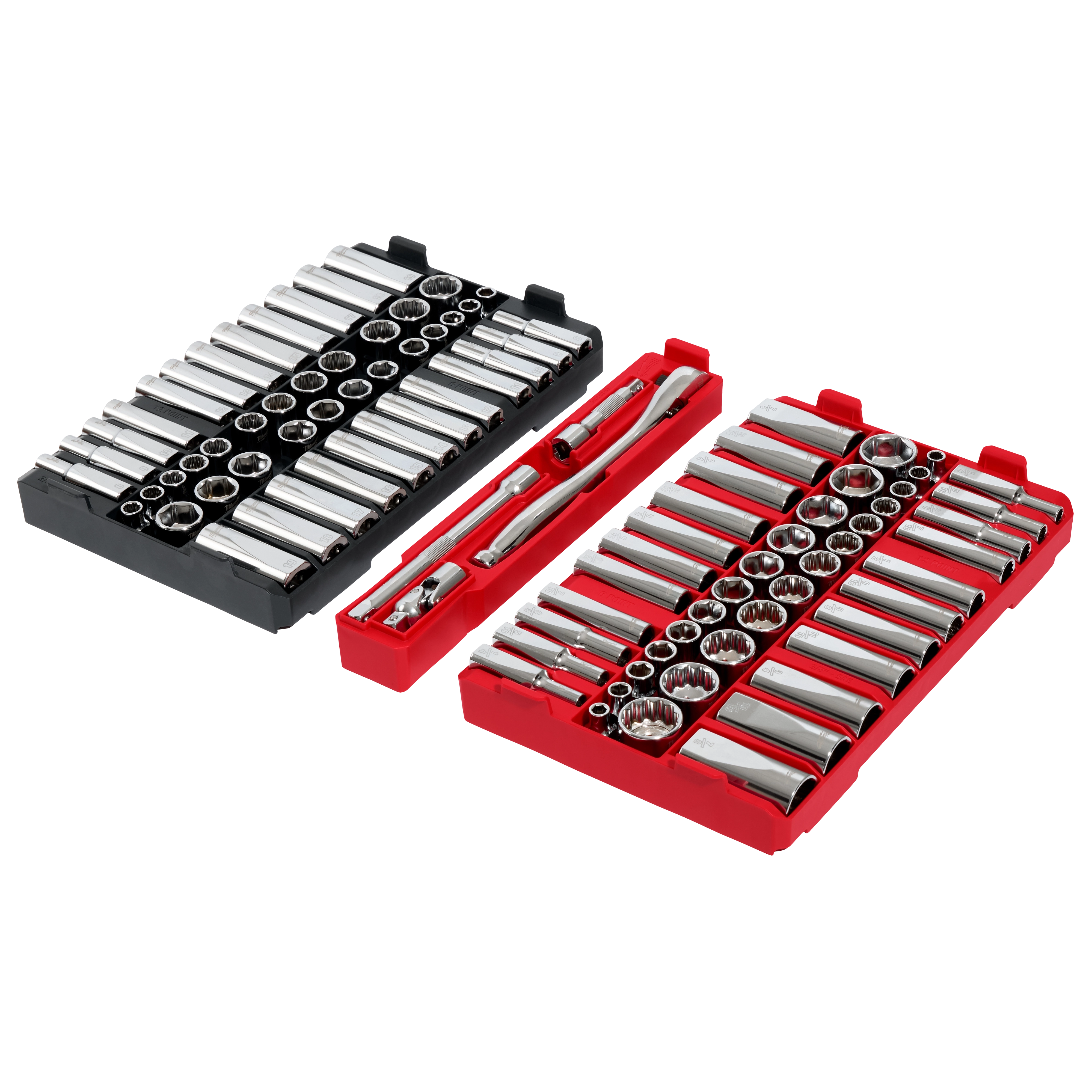 The image shows a 98-piece 3/8" 6-Point and 12-Point Metric and SAE Ratchet and Socket Set with PACKOUT™ Low Profile Organizer. The set is arranged in two trays, one black and one red, with various sockets and ratchet attachments.