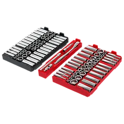 The image shows a 98-piece 3/8" 6-Point and 12-Point Metric and SAE Ratchet and Socket Set with PACKOUT™ Low Profile Organizer. The set is arranged in two trays, one black and one red, with various sockets and ratchet attachments.