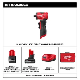 The image shows the contents of the M12 FUEL™ 1/4" Right Angle Die Grinder kit, including the grinder, two batteries, a charger, and a contractor bag. The kit also includes one wrench.