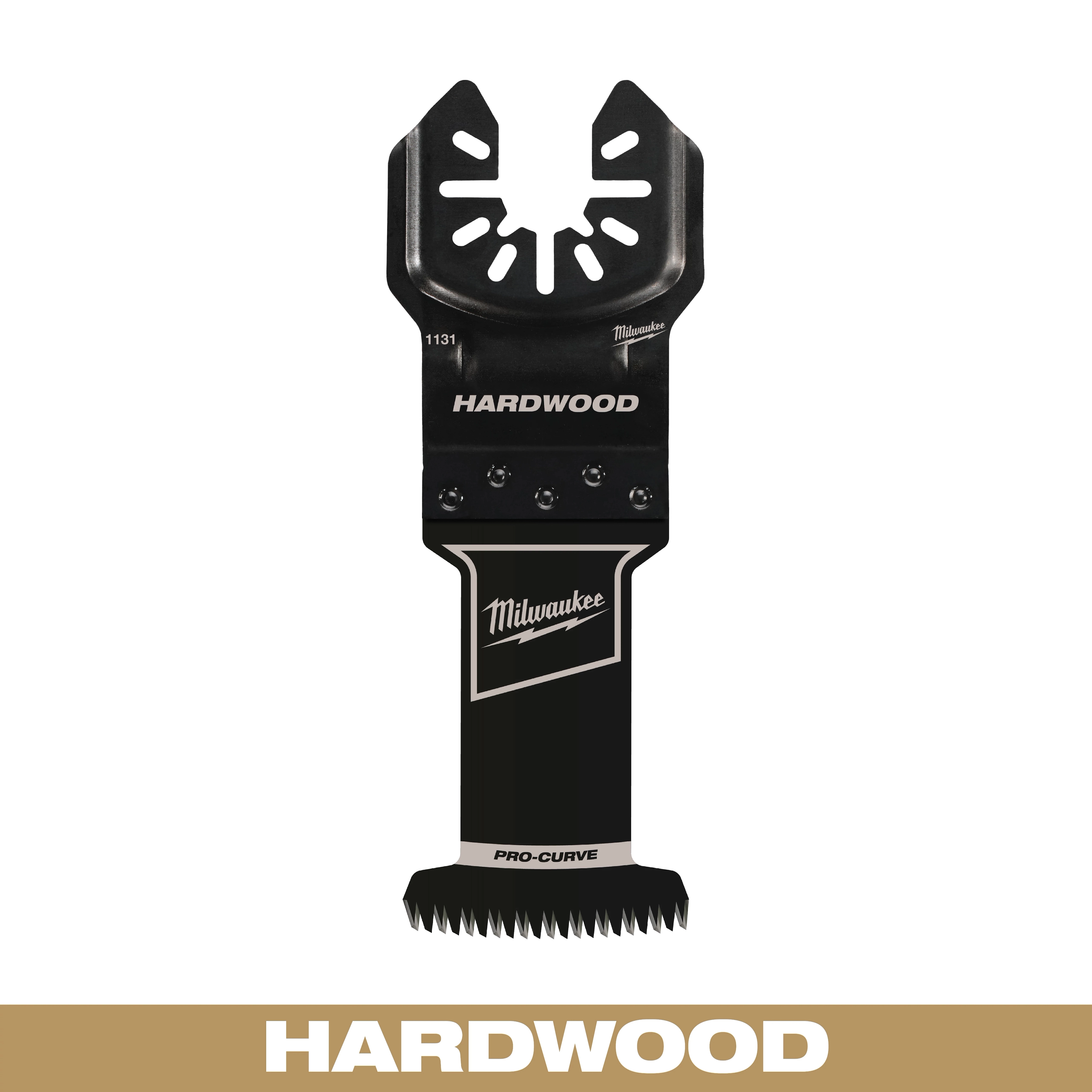 MILWAUKEE OPEN-LOK 1-3/8" HCS Japanese Tooth PRO-CURVE Hardwood Multi-Tool Blade with sharp, curved teeth for efficient hardwood cutting.