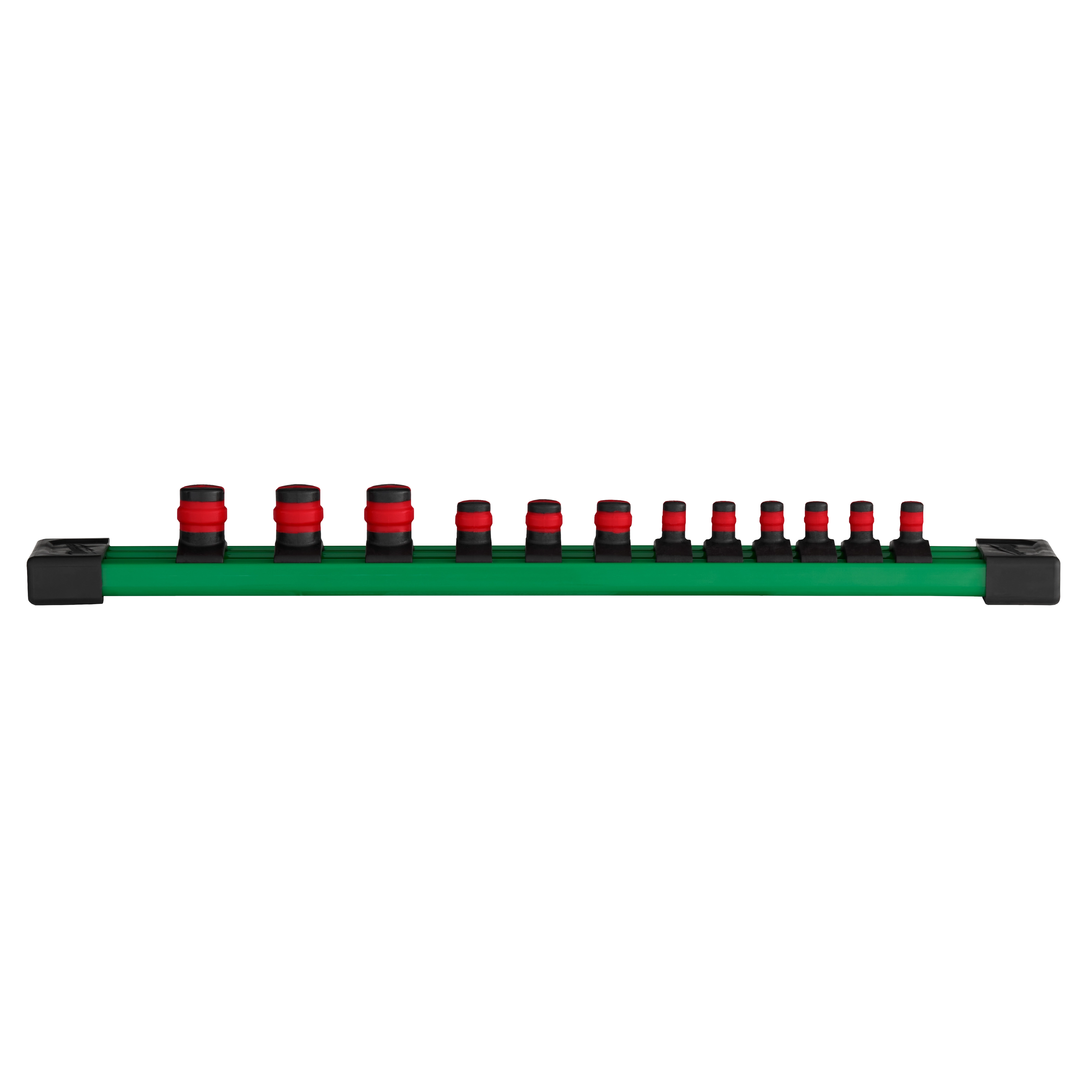 This image shows a green rail socket organizer holding various sizes of black and red socket wrenches arranged from largest to smallest. The organizer has rubber end caps on both sides for protection.