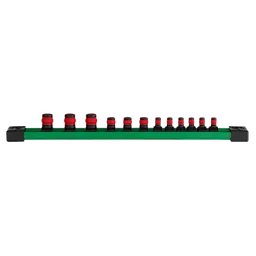 This image shows a green rail socket organizer holding various sizes of black and red socket wrenches arranged from largest to smallest. The organizer has rubber end caps on both sides for protection.