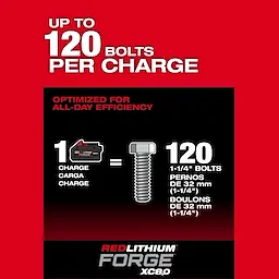 Graphic for M18 FUEL 3/4" High Torque Impact Wrench w/ ONE-KEY Kit showing 1 charge equals 120 bolts per charge.